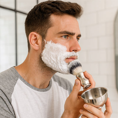 blaireau de rasage utilise par un homme pour le visage