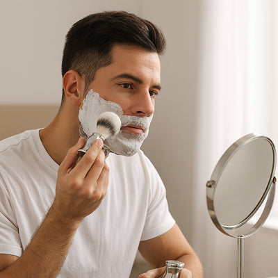 utilisation du blaireau de rasage avec mousse